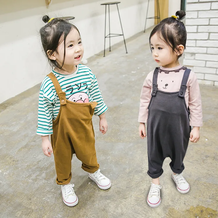 

2018 Spring and Autumn korean version all cotton pure color casual all-match suspender overalls for cute sweet baby girls