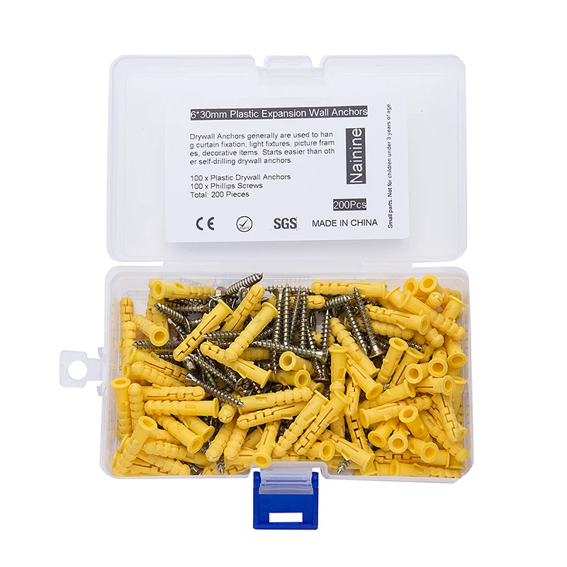 

200Pcs/box 6*30mm Plastic Expansion Tube Pipe Wall Anchors Plugs Expansion With Phillips Head Screw Kit NL22