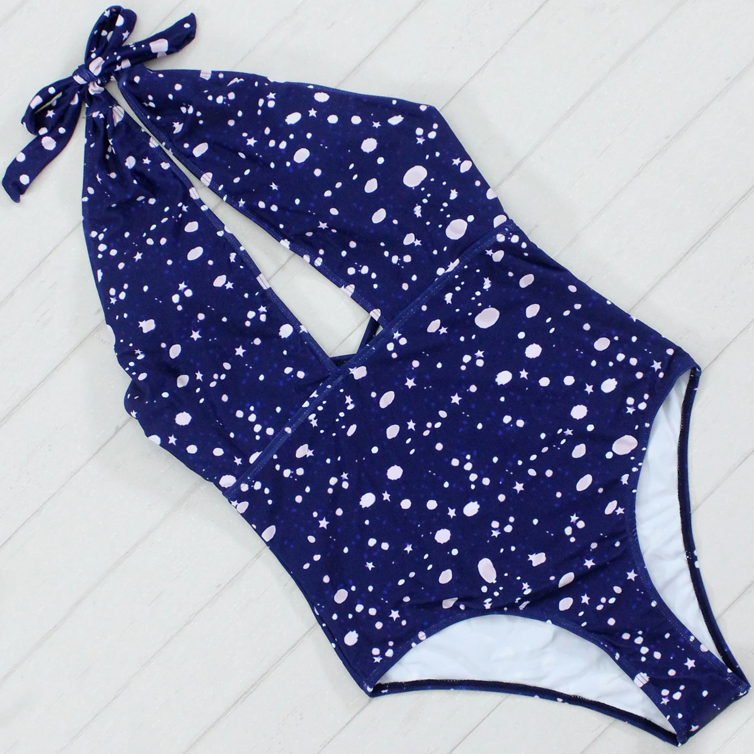 Sexy Print Cut Out Swimsuit Hollow Halter One Piece Swimsuit High