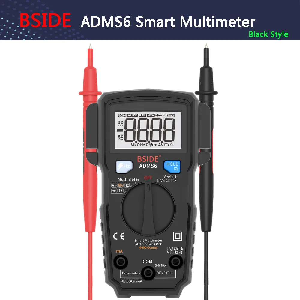Умный Цифровой мультиметр BSIDE ADMS6 Автоматический диапазон 6000 отсчетов DC/AC тест напряжения er DMM автоматический Ом Гц V-alerant тест - Цвет: ADMS6-Black