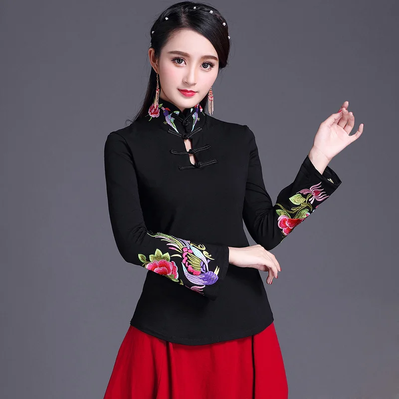 

new fashion women Chinese Style long Flare Sleeve Embroidery Floral spring autumn Mandarin Collar t-shirt female plus size shirt
