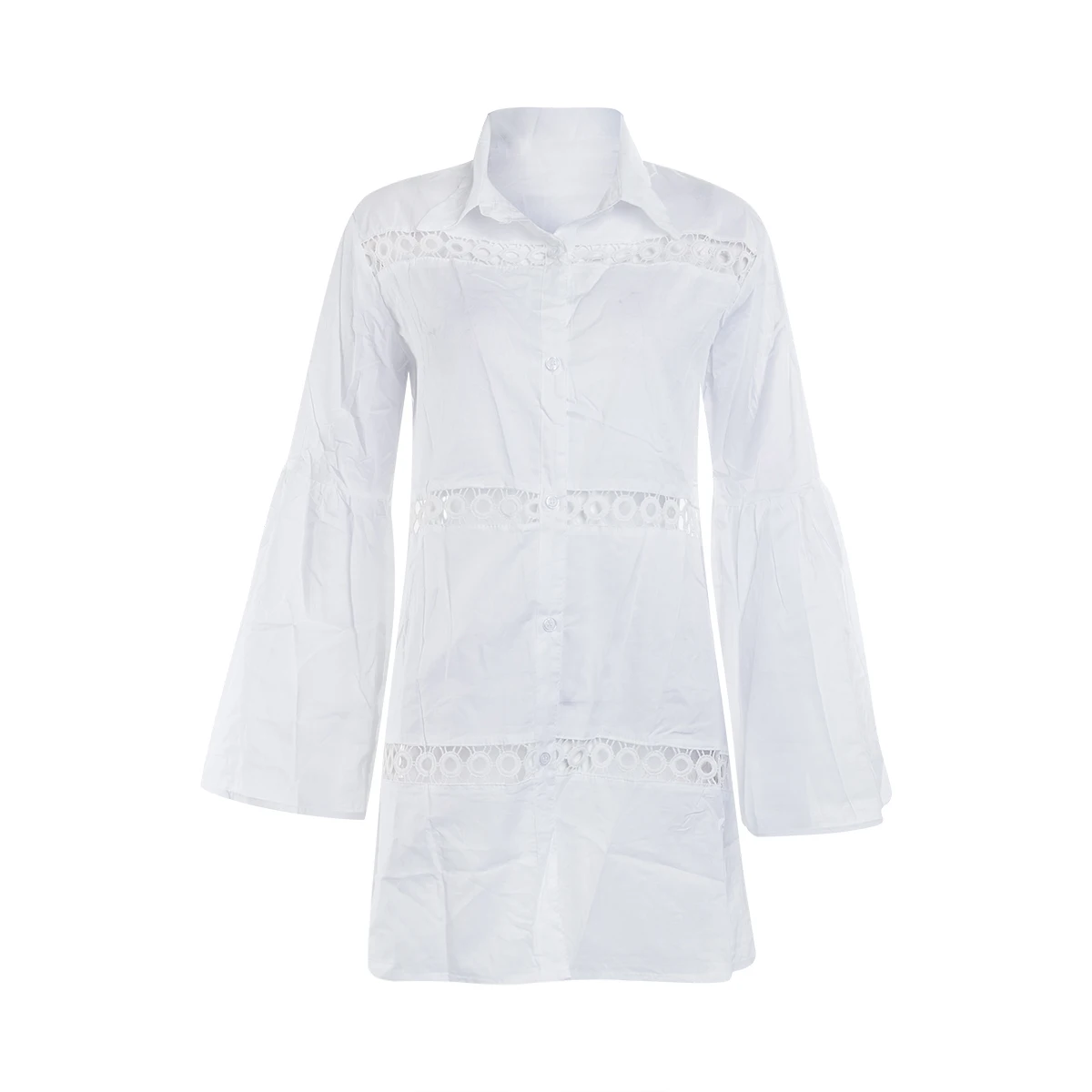 Summer Sexy Women Beachwear Cover-Ups White Hollow Out Long Sleeve Turn-Down Collar Bikini Tops Blouses Swimwear bikini cover up pants