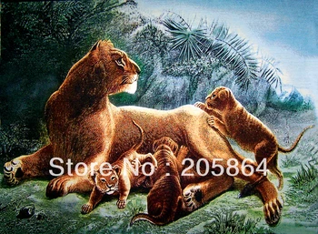 

Free shipping hot sell fabric picture,new technical items,factory sell Lion's Family,gobelin tapestry