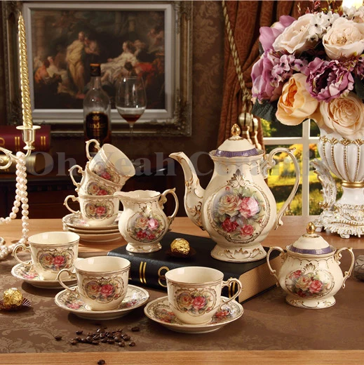 Porcelain coffee set ivory porcelain flower design outline