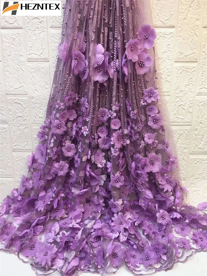 

New style purple French 3D flower net lace fabric African mesh lace fabric high quality nigerian beaded laces fabrics ZHA37-1