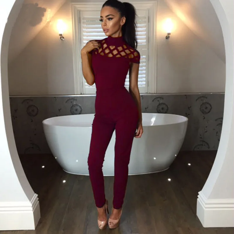 Adogirl Crisscross Hollow Out Bandage Jumpsuit for Women High Neck Short Sleeve Sexy Rompers Club Wear Overalls Clearance Sale - Цвет: burgundy jumpsuit