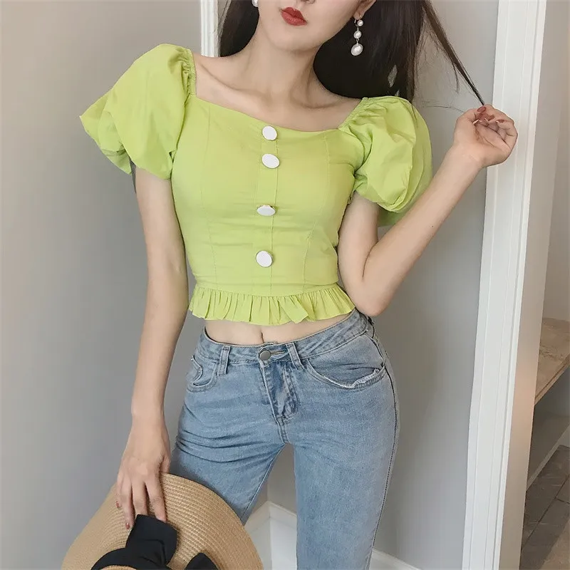 

Women Summer Green White Crop Tops Shirts Sweet Ruffled Puff Sleeve Short Bottoming Shirts Single-breasted Simple Slim Blouse