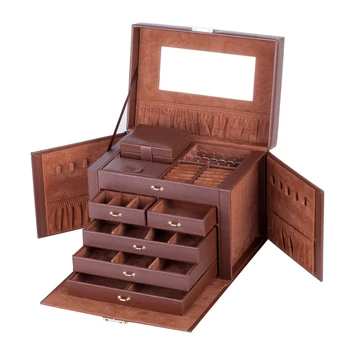 

Large Brown Jewelry Boxes Girls Necklace Rings Storage Organizer Earrings Mirror Container Women Display Travel Case Lock Holder
