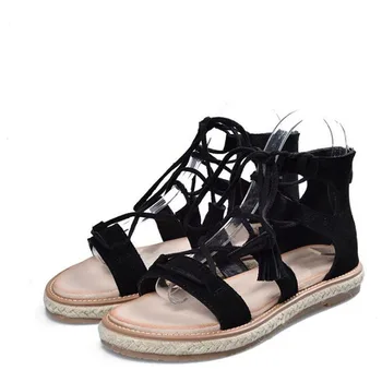 

2017 new fashion Roman shoes, cowhide flat shoes braided hemp rope and women's shoes and a pair of open-toe tassels and sandals