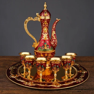 Европейский русский Ретро колба золотой белый кофейный винный набор чайный набор замок узор металлический отель/номер Декор 1 тарелка+ горшок+ 6 чашек - Цвет: D