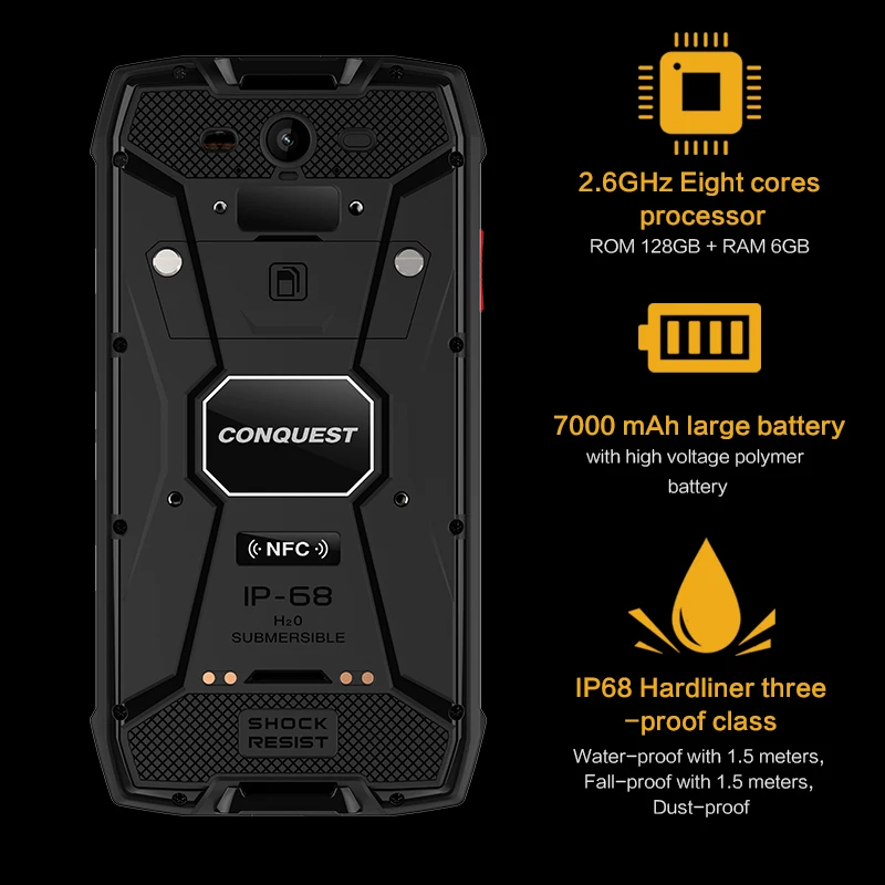 Оригинальный Conquest S11 IP68 прочный смартфон 16 МП 7000 мАч 6 ГБ 128 Восьмиядерный сканер