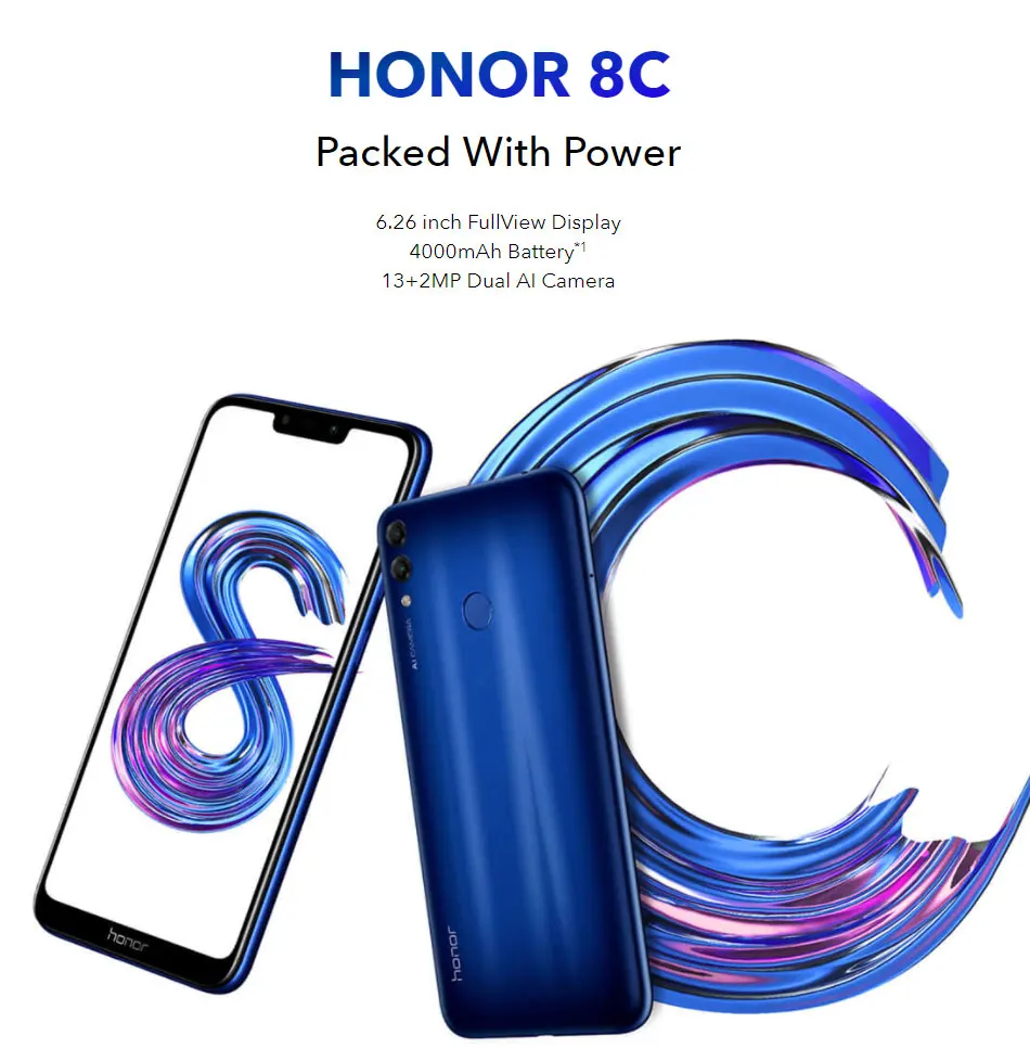 Мобильный телефон с глобальной ПЗУ, 4 ГБ, 64 ГБ, Honor 8C, 4000 мАч, смартфон, 6,26 дюймов, Восьмиядерный процессор Snapdragon 632, Android 8,1, Face ID, 4G