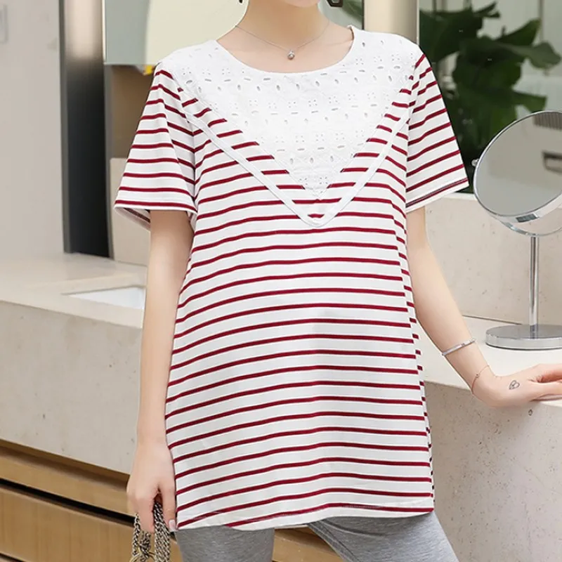 

New Cotton Plus Size Striped Hollow Maternity T Shirt Korean Casual Medium and Long Section Tops O-neck Loose Pregnant Clothes