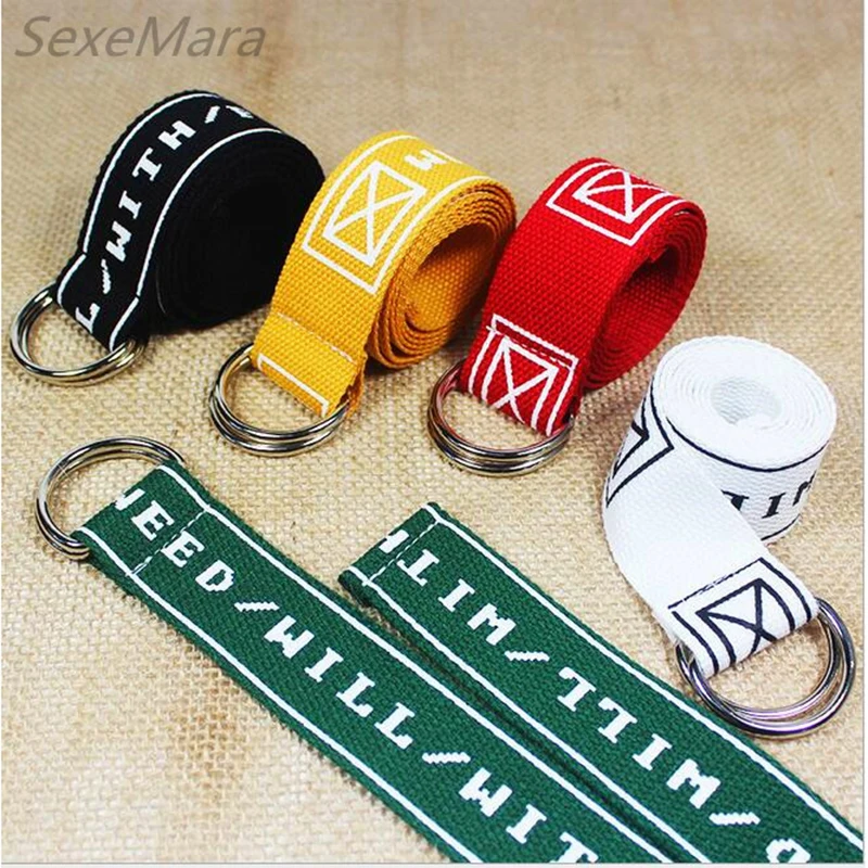 

2017Fashion Letter Embroidered Canvas Belt Unisex Belt Men Women Casual Double Ring Metal Buckle Strap Yellow White Waist Street