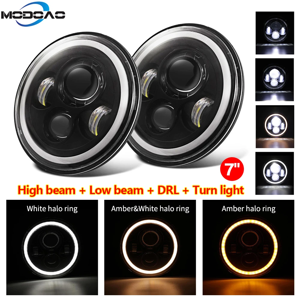 

Modoao 45W 7inch Round Led Headlight High Low Beam Light Halo Angle Eyes DRL Turn Signal Lamp For Jeep Wrangler Motorcycle