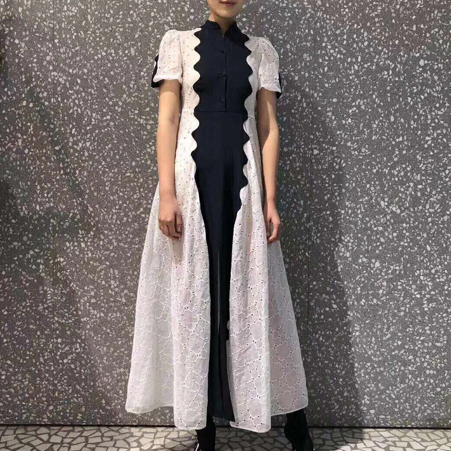 

VERDEJULIAY Runway Summer Dress Women 2019 High Quality Puff Sleeve White Black Contrast Color Hollow Out Long Dress Vestidos