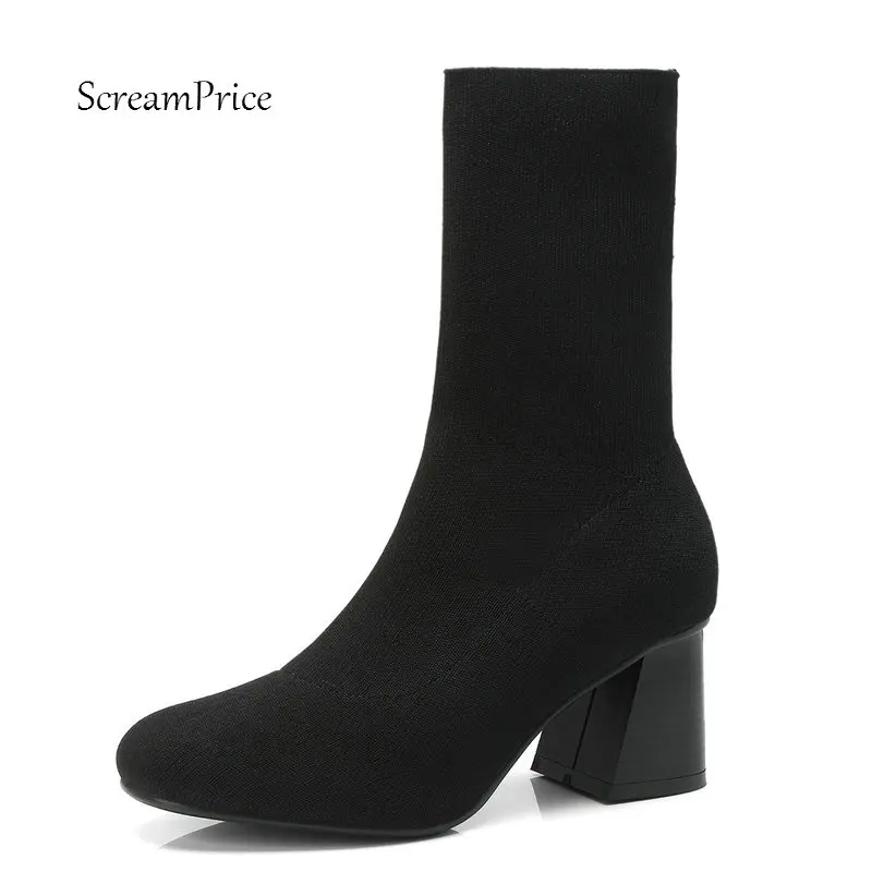 

Women Knitting Comfort Square Heel Sock Boots Fashion Round Toe Spring Autumn Ankle Bootie Black Gray