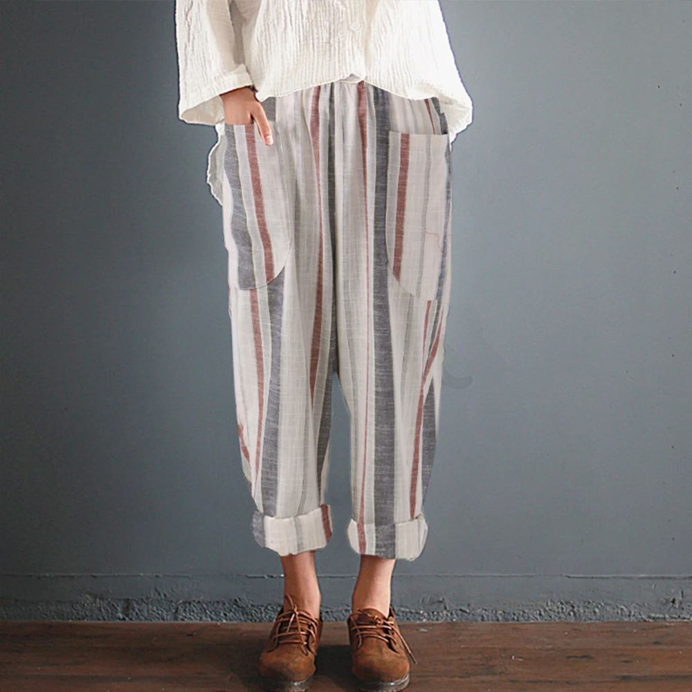 5XL Large Cotton Striped Pants Loose Wide Cropped High Waist Linen