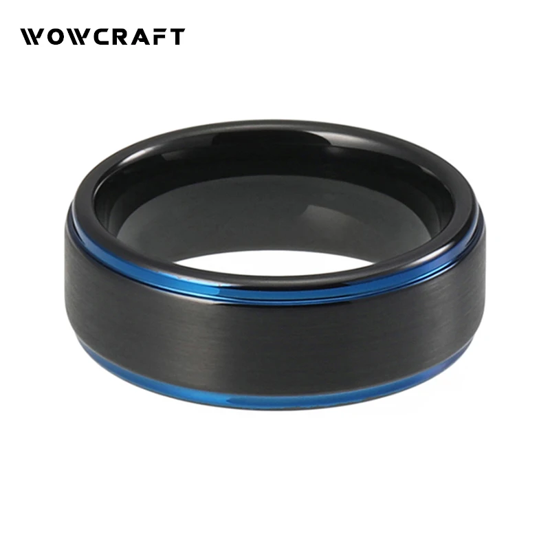 8mm Black Wedding Band for Men Women Fashion Tungsten Carbide Wedding Ring with Blue Step Edges Brushed Surface Engagement Rings Fashion Jewelry