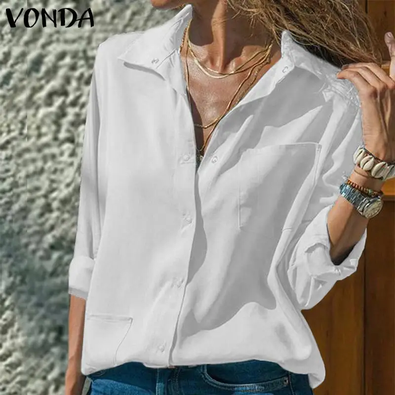 

VONDA Blouse Women Office Ladies Shirts Sexy Lapel Neck Long Sleeve Shirts Femme 2019 Autumn Tunic Casual Solid Blusa Plus Size