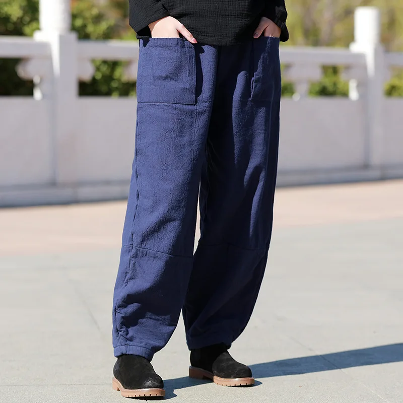 Women Loose Cotton Linen Padded Pants Warm Trousers Female Solid Color
