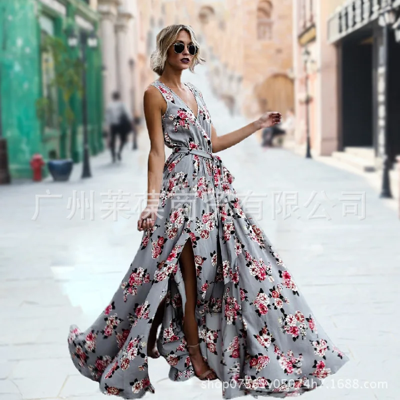 

Spring Summer Floral Print Dress Women Casual V Neck Split Beach Dresses for Women Elegant Boho Dress Long Big Size Dresses