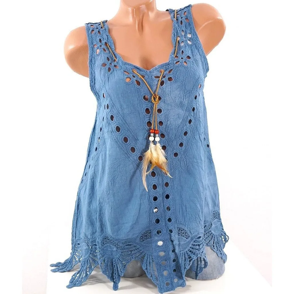 Модная женская футболка размера плюс с круглым вырезом и вышивкой, Повседневная футболка без рукавов, женская одежда - Цвет: Blue