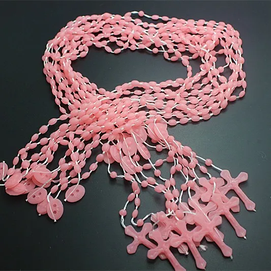 

12pcs/pack fashion Pink Catholic Religious Prayer plastic beads(7*5mm) rosary necklaces,LKXL004
