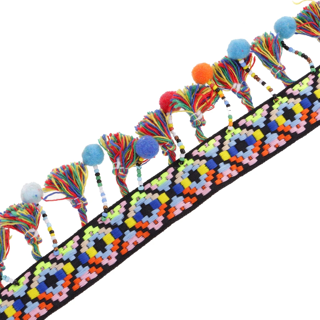 1 Yard Colorful Pom Pom Beads Fringe Tassels Braid Jacquard Ribbon Trim 60mm for DIY Clothes Leather Craft Accessories