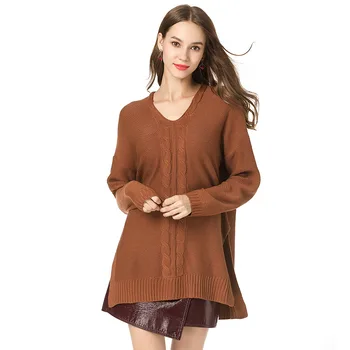

2019 autumn and winter V-neck long sweater knit plus size women's pullover sweater female cold women's sweater long coat SW054