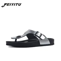 FeiYiTu летние мужские шлепки сандалии 2019 новые Для мужчин Повседневное пляжные двойной пряжкой шлёпанцы плоской подошве белый черный