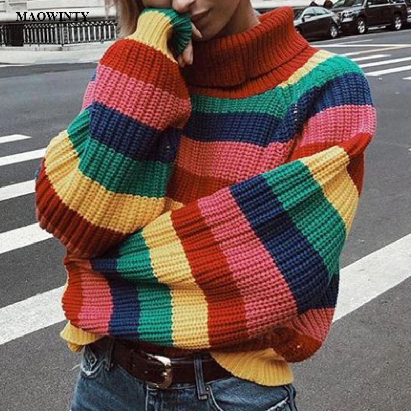 

Rainbow Sweater Women Turtleneck Long Sleeve Loose Knitted Sweaters 2019 Autumn Winter Oversized Streetwear Feminine Coat Jump