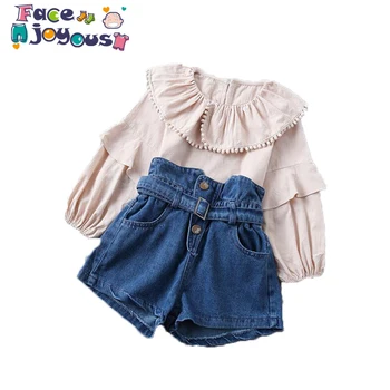 

2019 New Spring Summer Cotton Baby Girl Clothing Set Tiered Ruched Solid Shirt Denim Shorts Kid Children Clothes Sets 2-6 Years