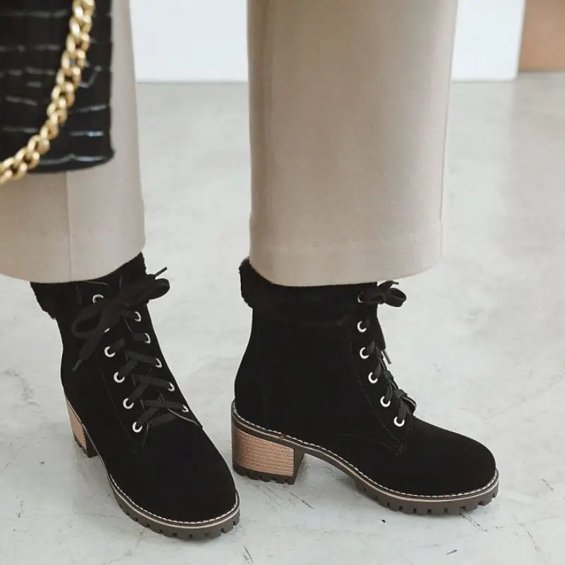 SJJH/женские зимние ботинки из флока с круглым носком на не сужающемся книзу массивном каблуке, ботильоны на шнуровке, плюшевые ботинки, зимняя модная повседневная обувь, большой размер A1381