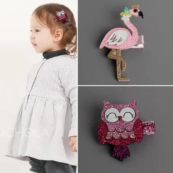 

2016 New Style Baby Girls Cute lamingos and The owl hairpin baby children safety glitter hair clip 20ps/lot