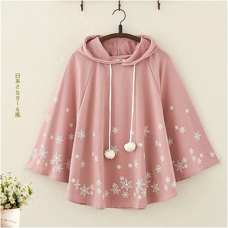  Autumn Women Kawaii Snowflake Cape Hoodies Japanese Cute Christmas Pullovers Harajuku Mori Girls Cl