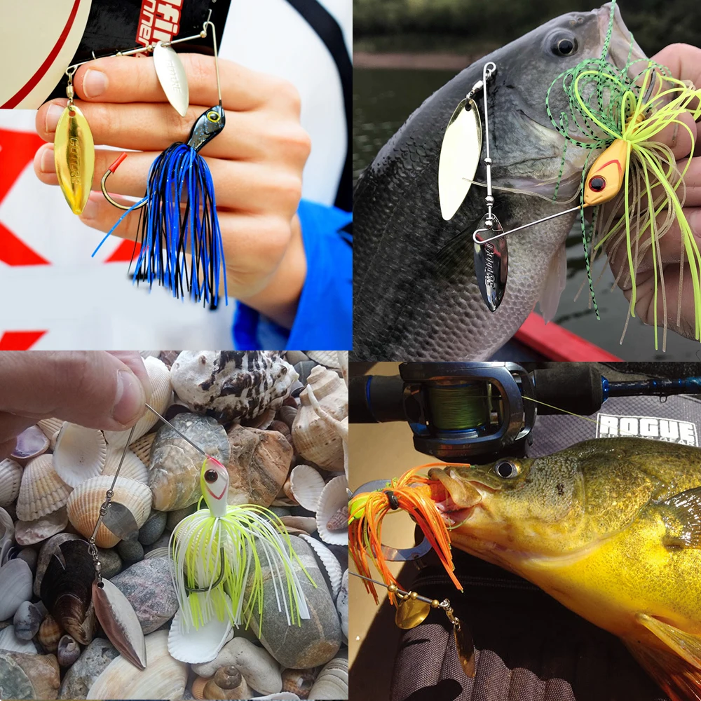 Spinner Bait Bass Fishing Blade Metal Spoon Silicone Skirts with Sharp  Hooks Swim Jig for Trout Pike Salmon 