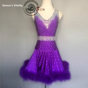 

2017 New Style Latin Dance Costume Sexy Diamond Feather Latin Dance Dress For Women Latin Dance Competition Dress S-4XL