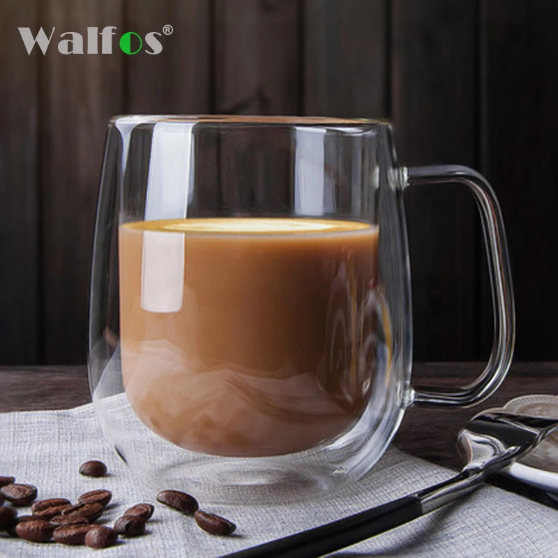 

WALFOS 250ml Coffee Cups Tea Set Mugs Handmade Creative Beer Drink a Mug of Office Mug Transparent Drinkware Double Glass Cups