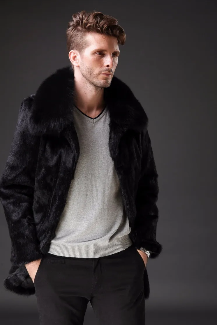 New real genuine natural whole skin rabbit fur coat men fashion full pelt jacket outwear overcoat custom size Free Shipping JN5 cowhide leather jacket