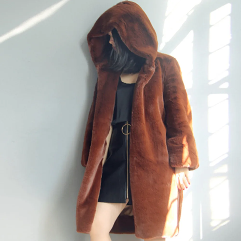 Buy brown grey black green solid hooded long faux fur
