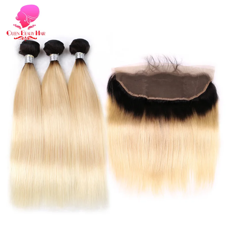 

QUEEN BEAUTY 3 Bundles and Frontal 1B 613 Dark Roots Ombre Blonde Peruvian Straight Weave Remy Human Hair Bundles with Frontal