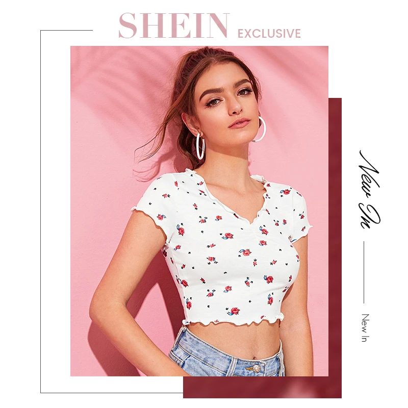 SHEIN V-Neck Lettuce Trim Ditsy Floral Crop Top T Shirt Women Clothing White Slim Fit Sexy Summer Cap Sleeve Tops