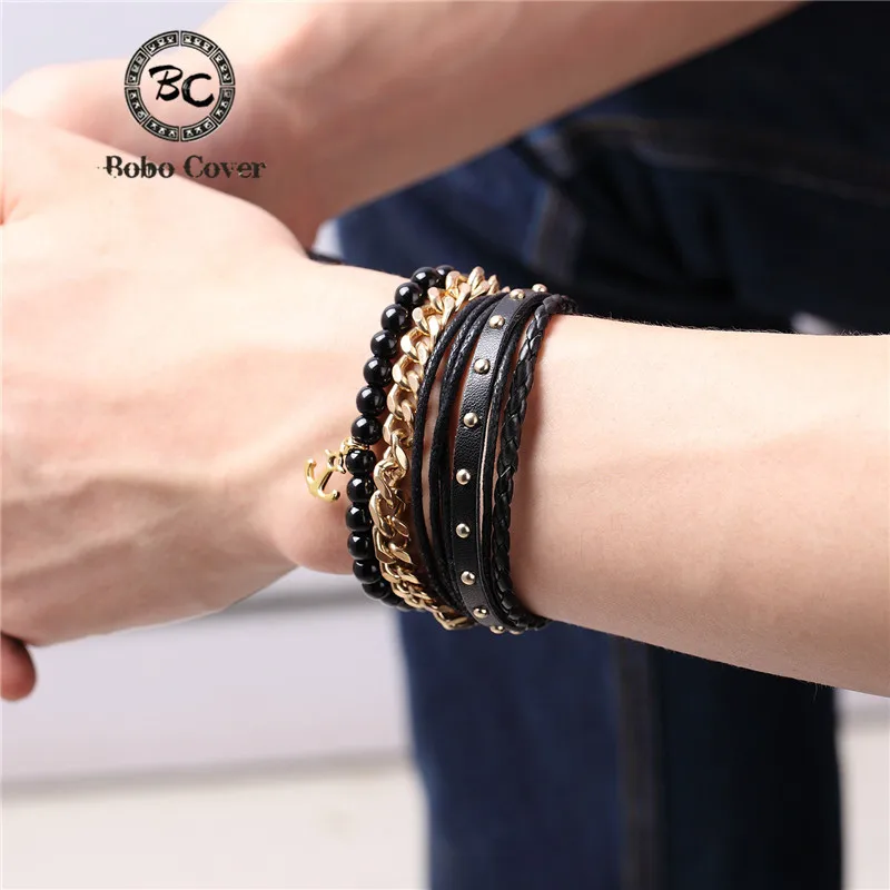 1 Set 3PCS Leather Gold Anchor Beaded Bracelet Women Stainless Steel Link Chain Charm Men's Couple Bracelets Dropshipping homme