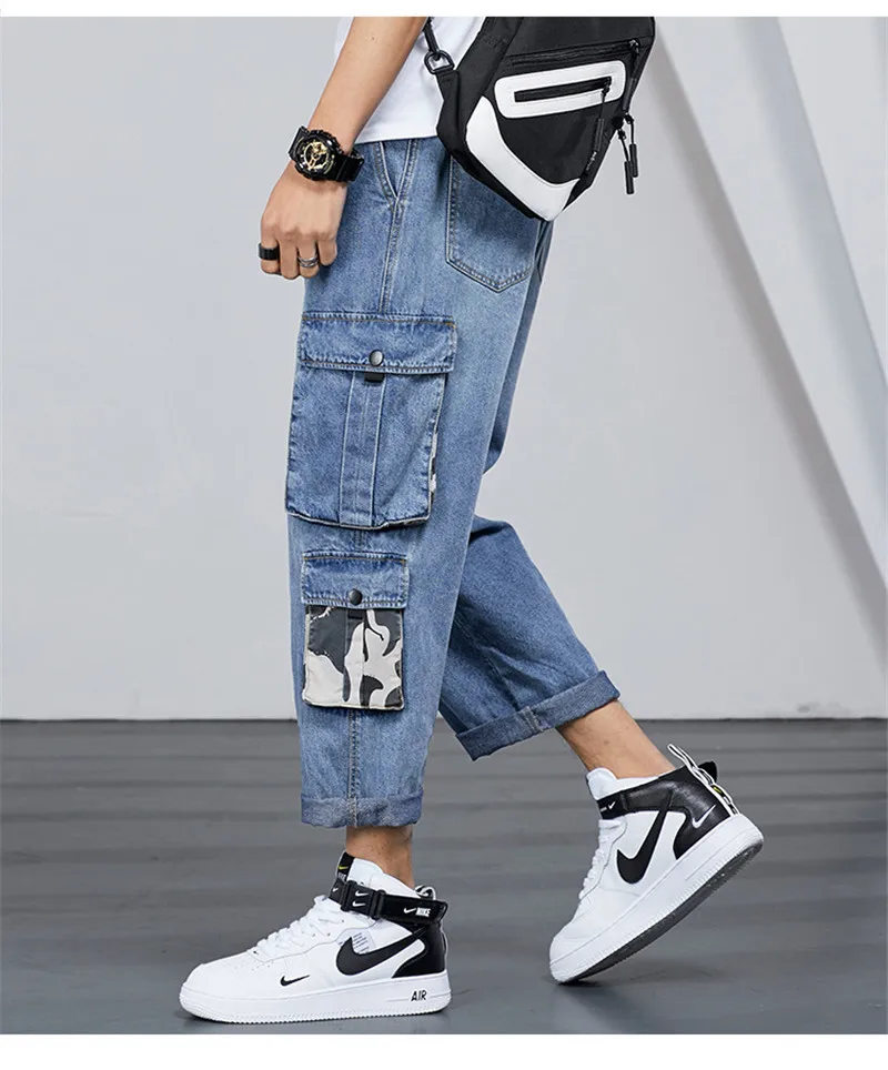 2019 New Loose Men's Cargo Pants Jeans Fashion Male Camouflage Patchwork Big Pockets Denim Trousers Hip Hop Man Multi-Pockets Jeans  (8)