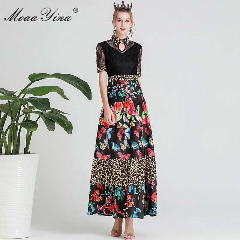 

MoaaYina Fashion Designer Runway dress Spring Summer Women Dress Lace Short sleeve Patchwork Floral-Print Maxi Dresses