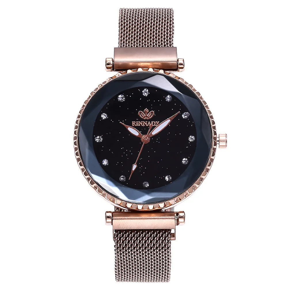 Лидирующий бренд, часы для женщин, черная сетка, магнитная пряжка, Звездные кварцевые часы, Геометрическая поверхность, повседневные Модные женские наручные часы