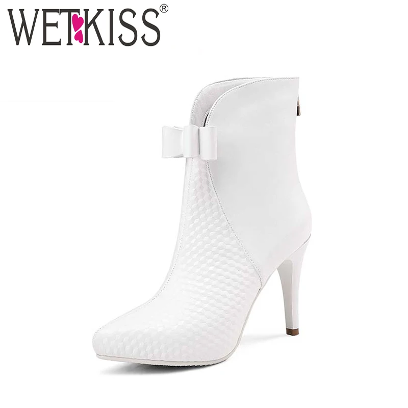 

WETKISS Elegant Ankle Boots Zip High Heels Butterfly-knot Winter Boots Embossed Genuine Leather Ladies Shoes Woman Designers