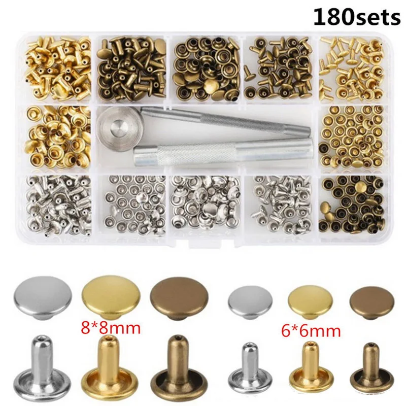 

180 Sets/Pack Leather Repairing Decor Rivets Tubular Metal Single with Fixing Tool Kit