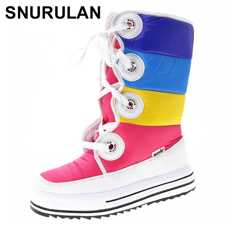 

SNURULAN Colour Boots Knee-High Women shoes 2018 new arrival lace up snow boots Nice and high quality winter boots Girl Boots
